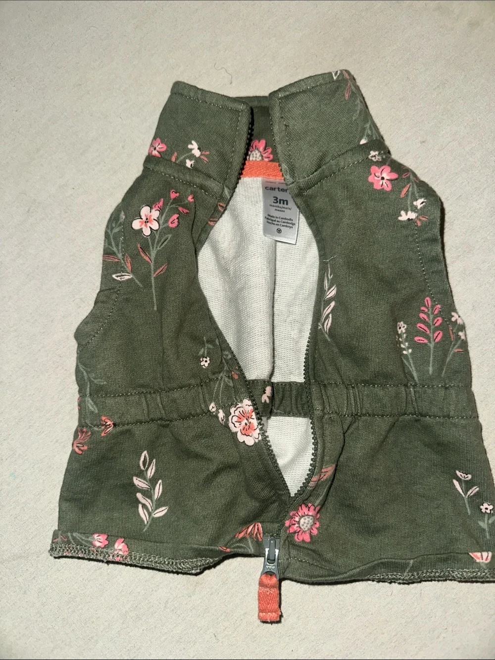 Kids Size 3M Carter's Olive Green Floral Vest with Pink Accents